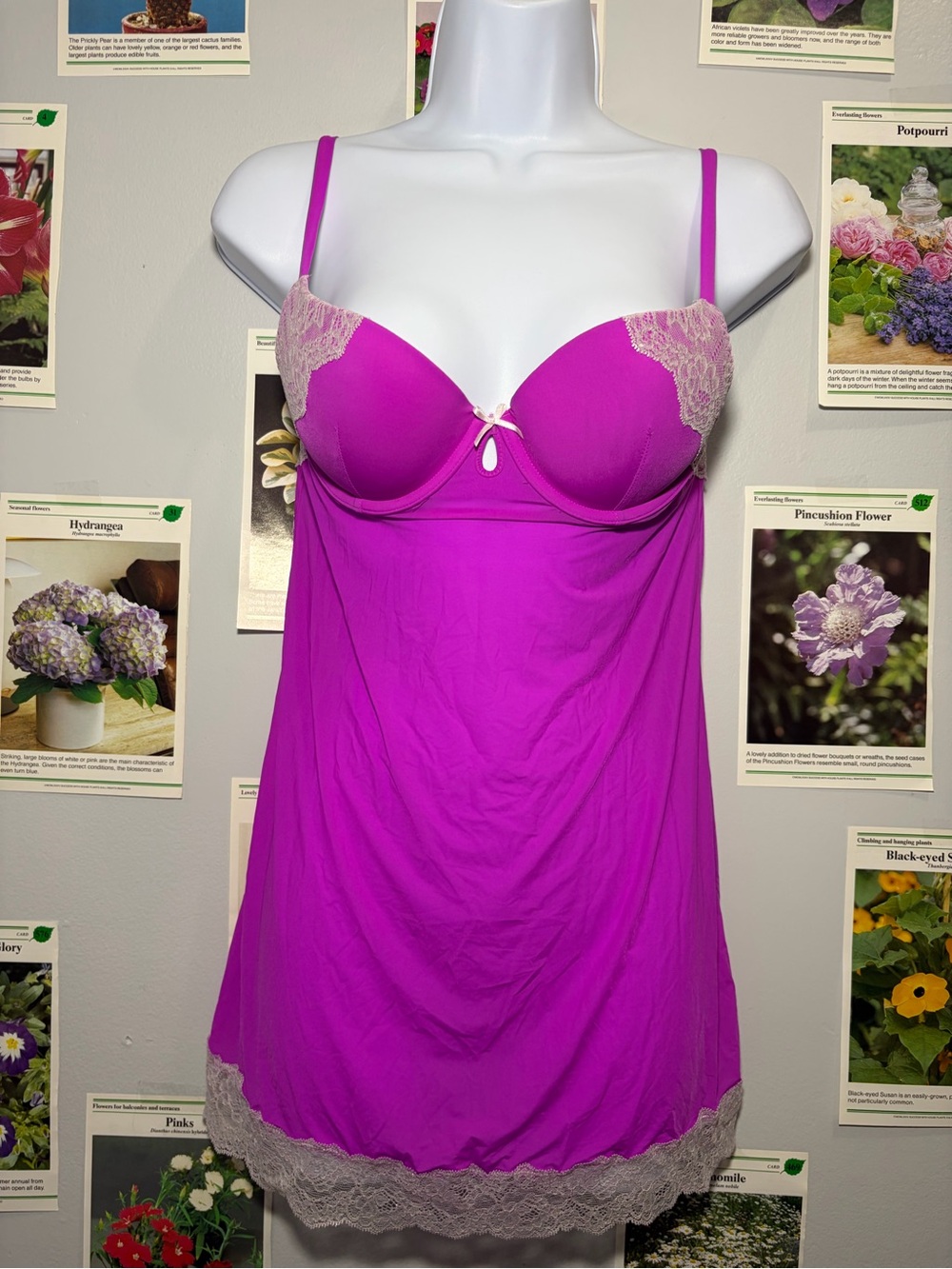 Victoria's Secret Magenta Slip Chemise with Cream Lace